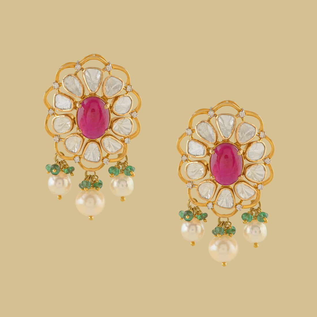 Floral Polki Studs in Gold - Krishna Jewellers Pearls and Gems