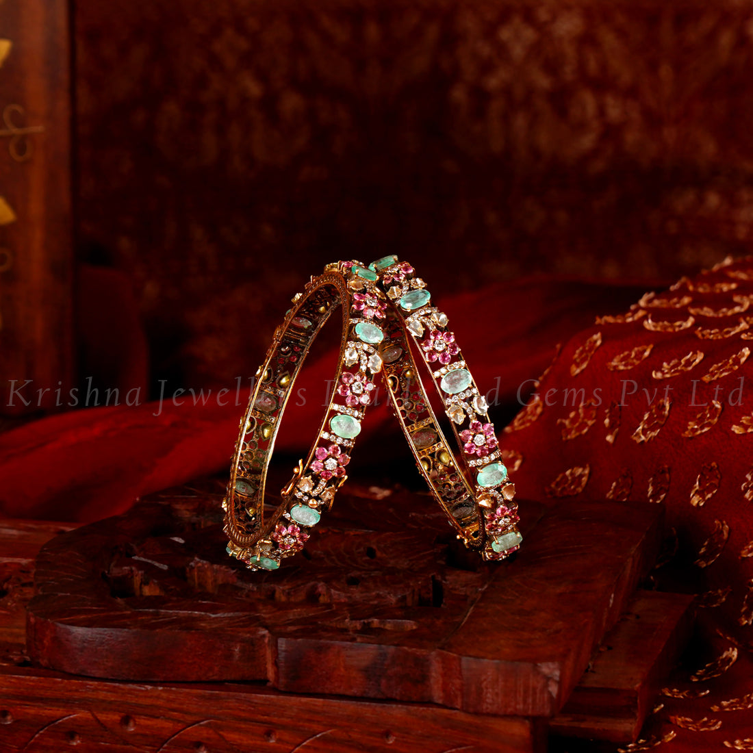 18K Polki Diamond Emerald and Tourmaline Bridal Bangles