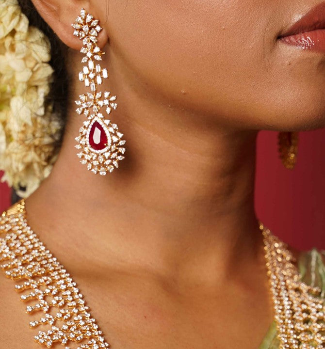 Diamond Hanging Earrings with Ruby