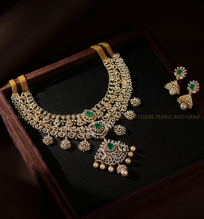Elegant 2-Layer Diamond Necklace Set with Detachable Design, Color Stones, Ruby Beads and Pearls