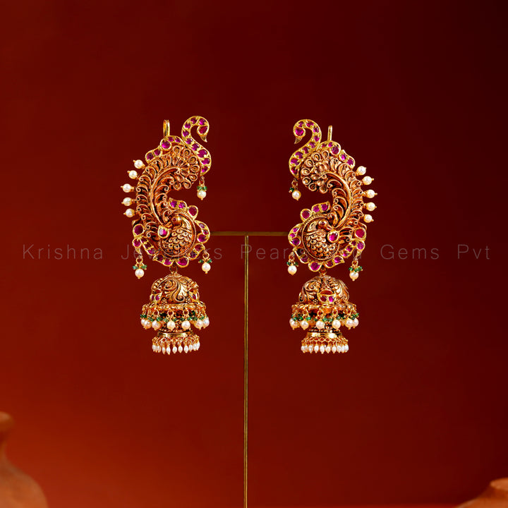 Antique Gold Kempu Peacock Jhumka Earrings with Pearl Drops