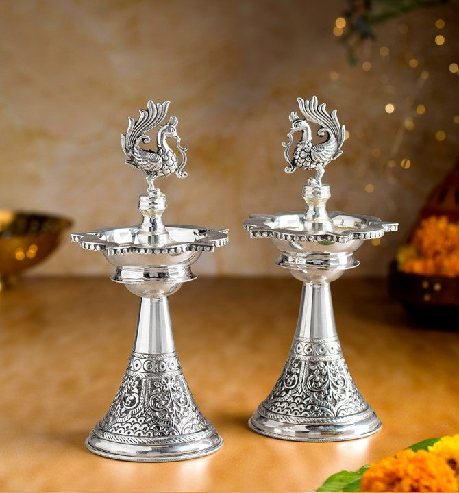 Twin Peacocks Diya Depaam stand in Antique Silver