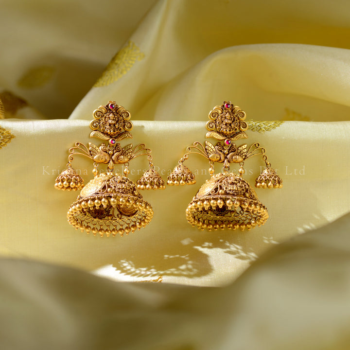 22K Gold Lakshmi Jhumka Earrings with Peacock Motifs & Gold Ball Danglers