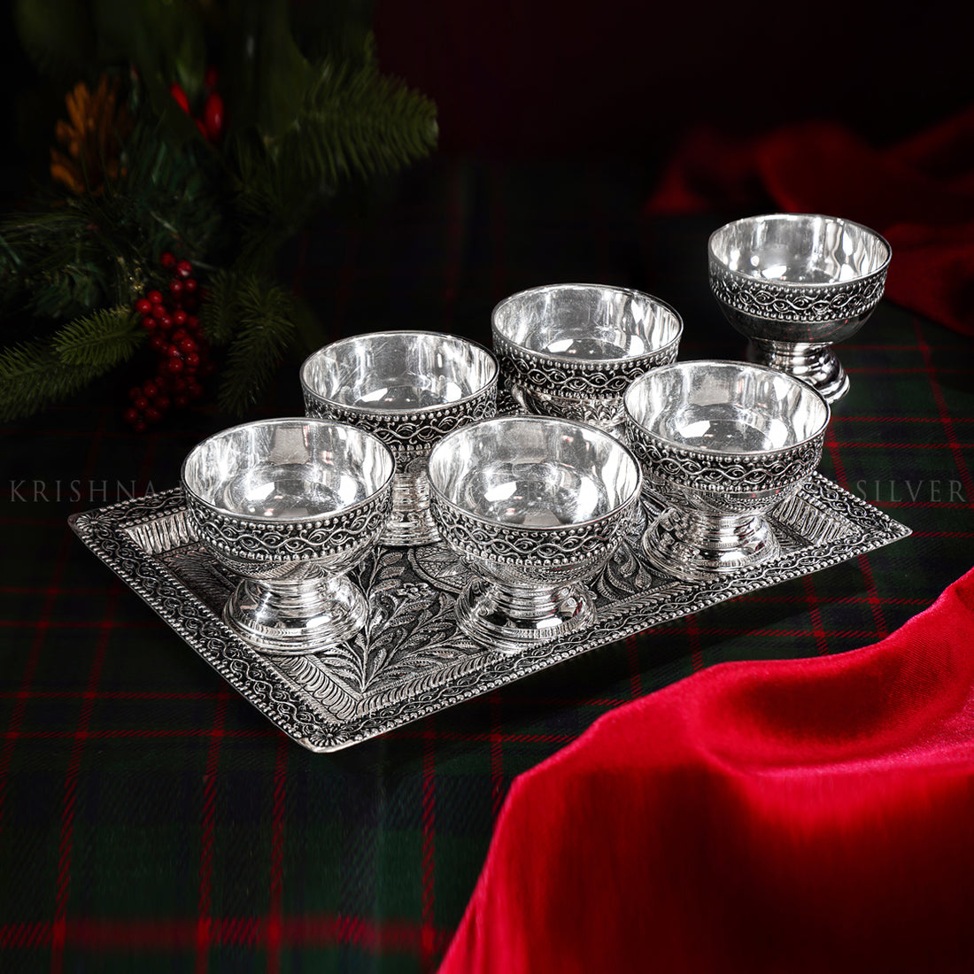 Vintage Floral Silver Dessert Bowl Set with Ornate Tray