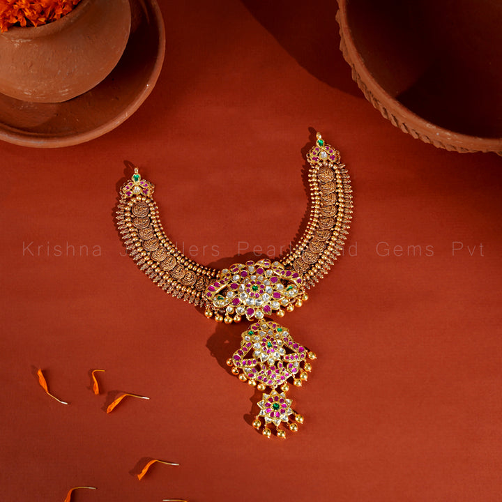 Antique Gold Kasulaperu Necklace with Ruby Floral Pendant