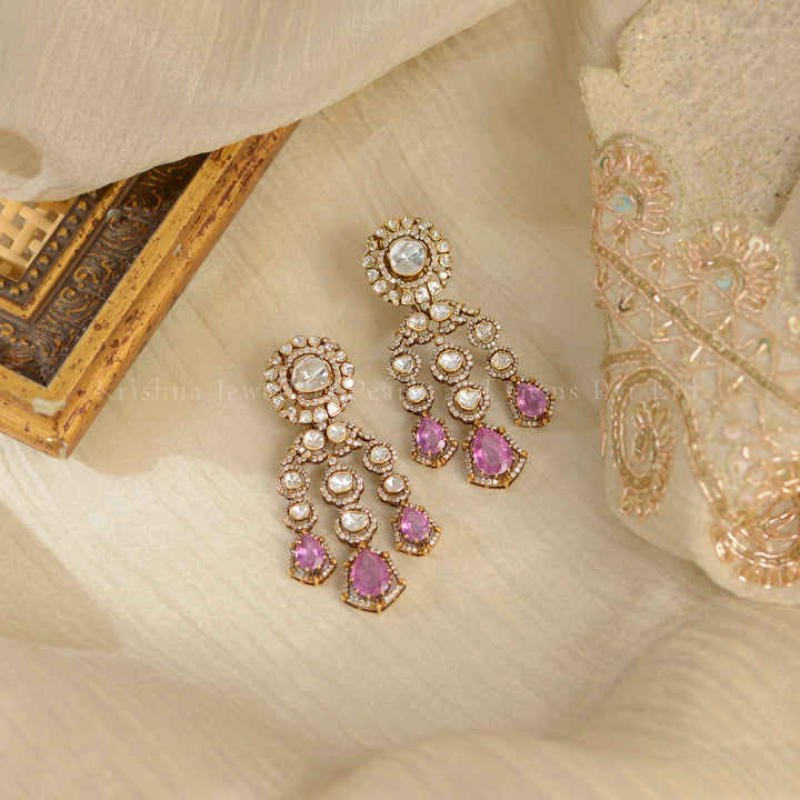 18K Gold Polki Earrings with Pink Stones | Elegant Bridal Drop Earrings