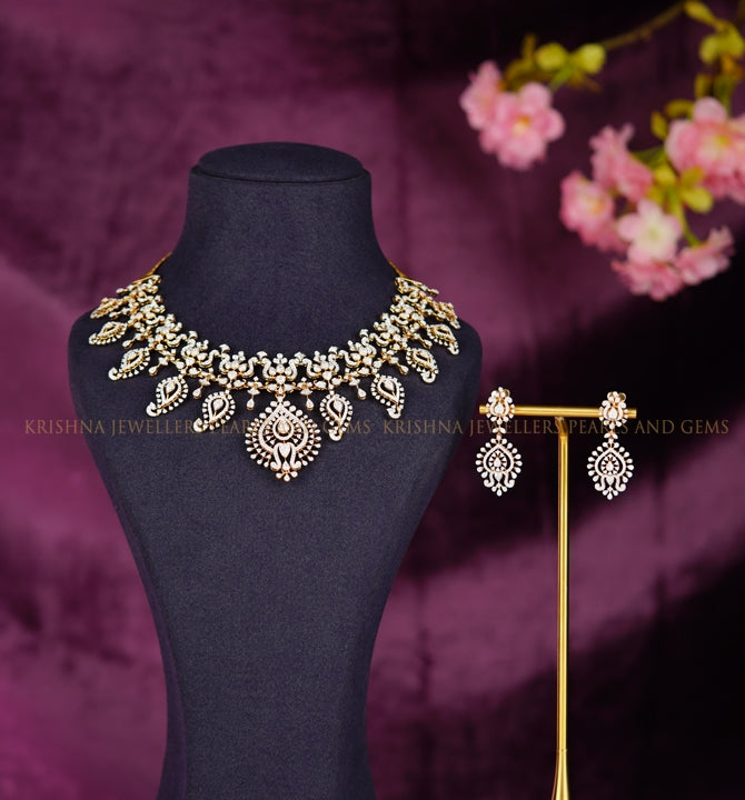 Diamond Necklace Set with Floral Pattern and Unique Mango Peacock Design