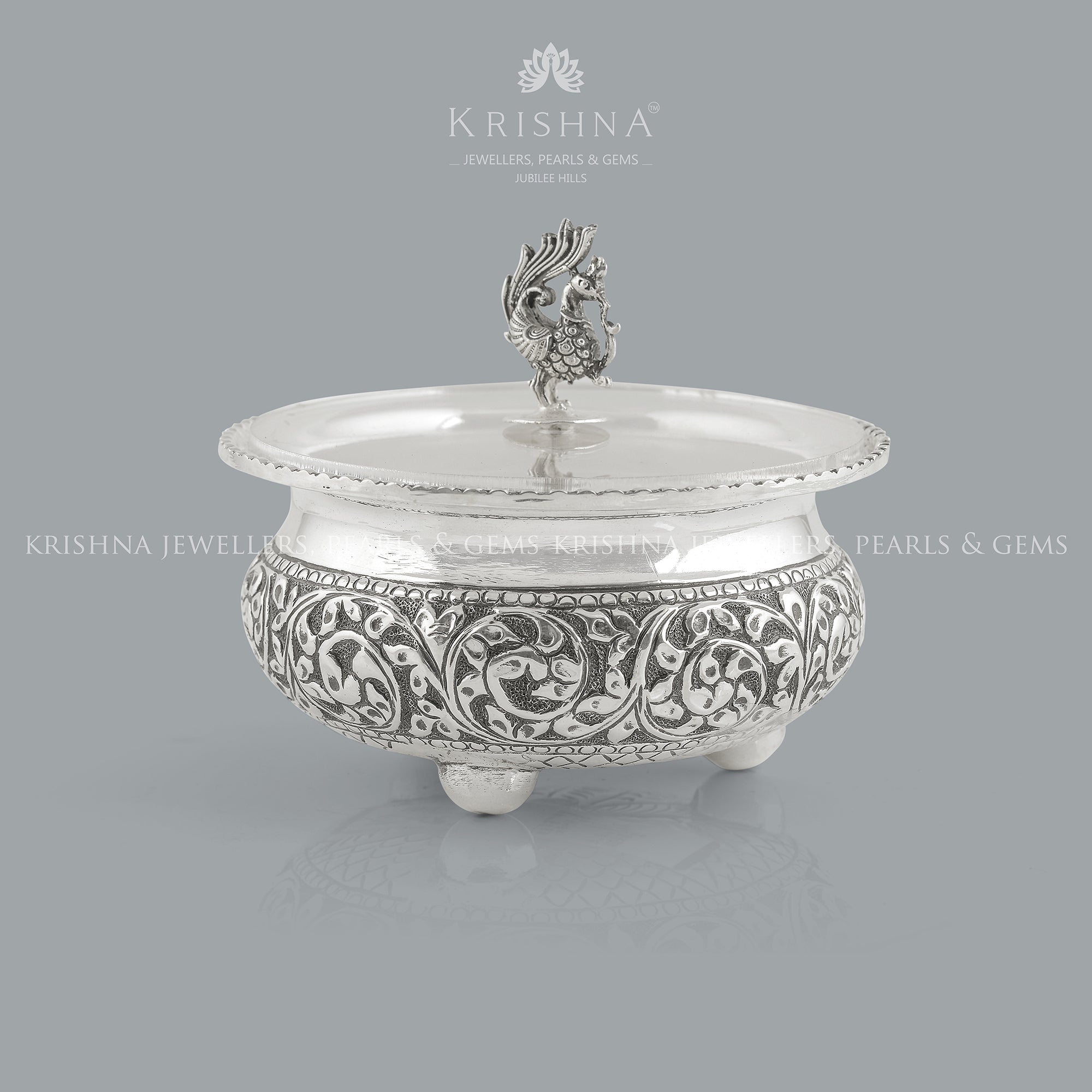 Antique Silver Bowl Silver Peacock Lid - Krishna Jewellers Pearls and Gems