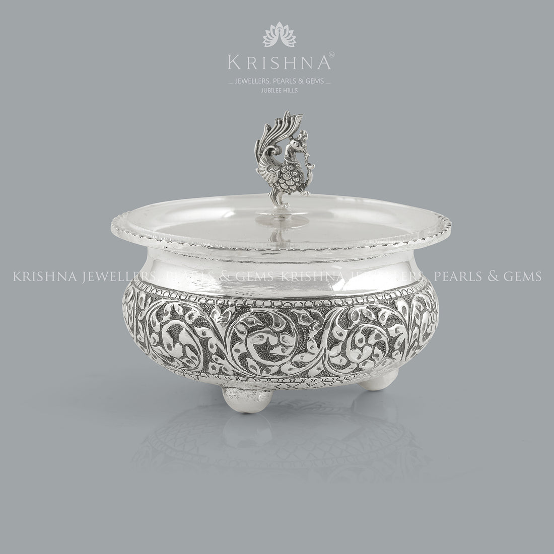 Antique Silver Bowl Silver Peacock Lid - Krishna Jewellers Pearls and Gems