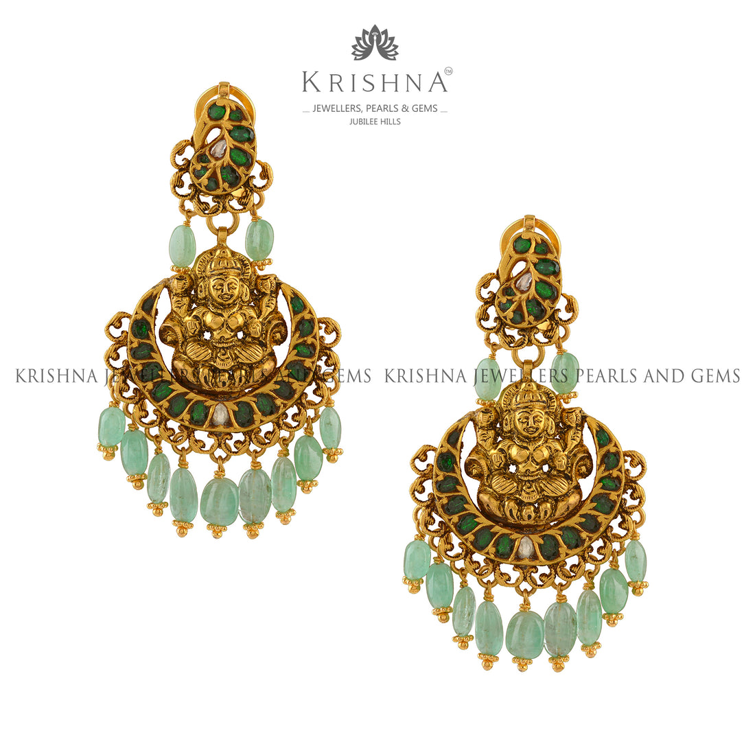 Laxmi Chandbali Gold Emerald Earrings - Krishna Jewellers Pearls and Gems