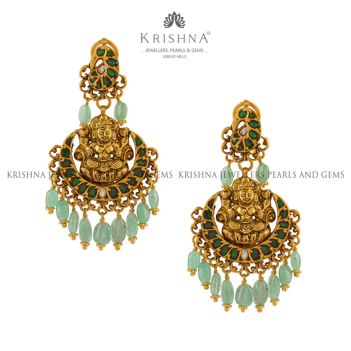 Laxmi Chandbali Gold Emerald Earrings - Krishna Jewellers Pearls and Gems
