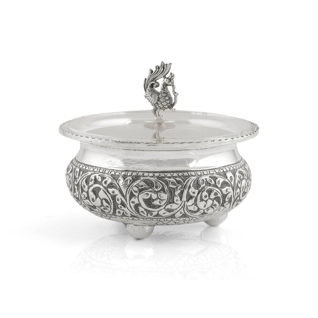 Antique Silver Bowl Silver Peacock Lid - Krishna Jewellers Pearls and Gems