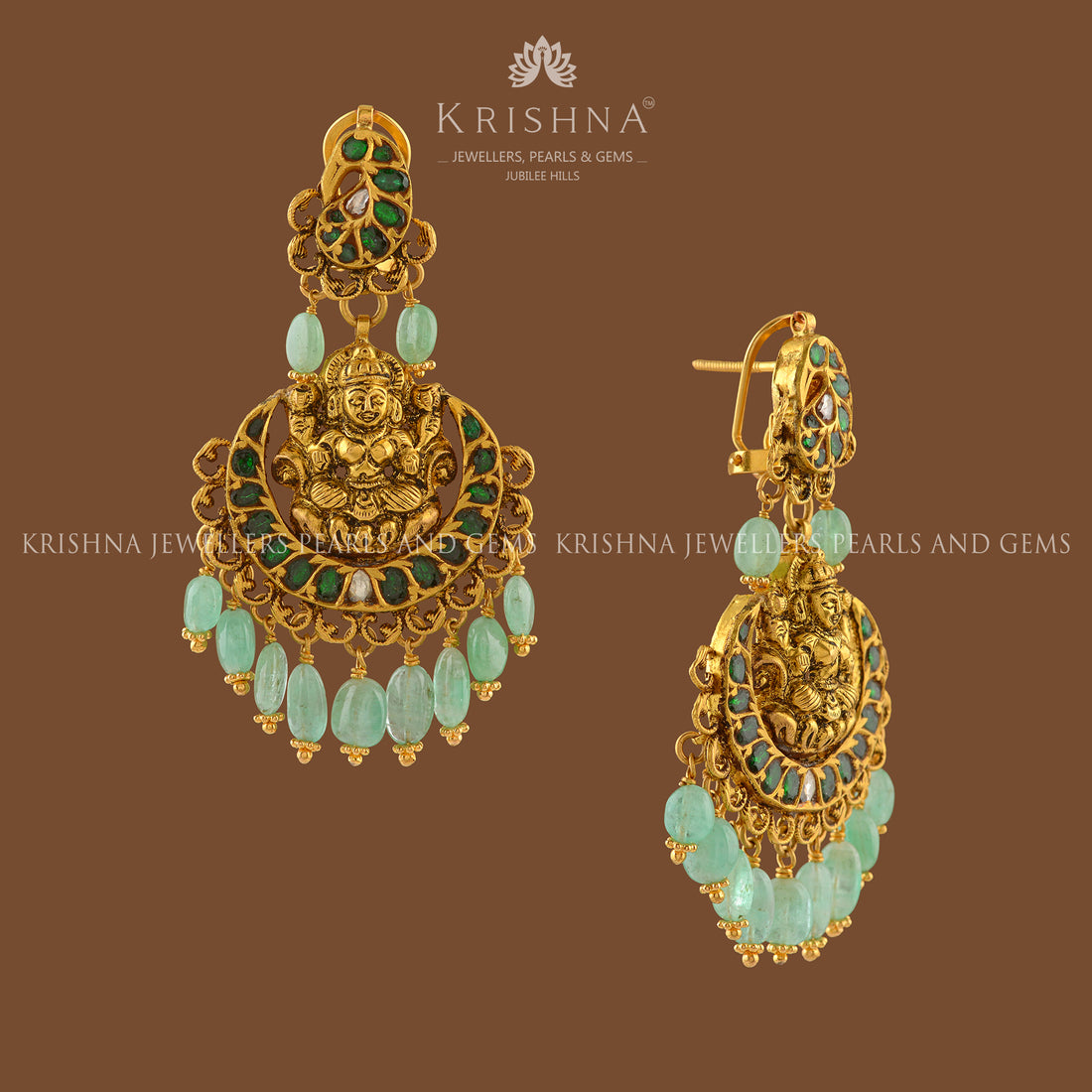 Laxmi Chandbali Gold Emerald Earrings - Krishna Jewellers Pearls and Gems
