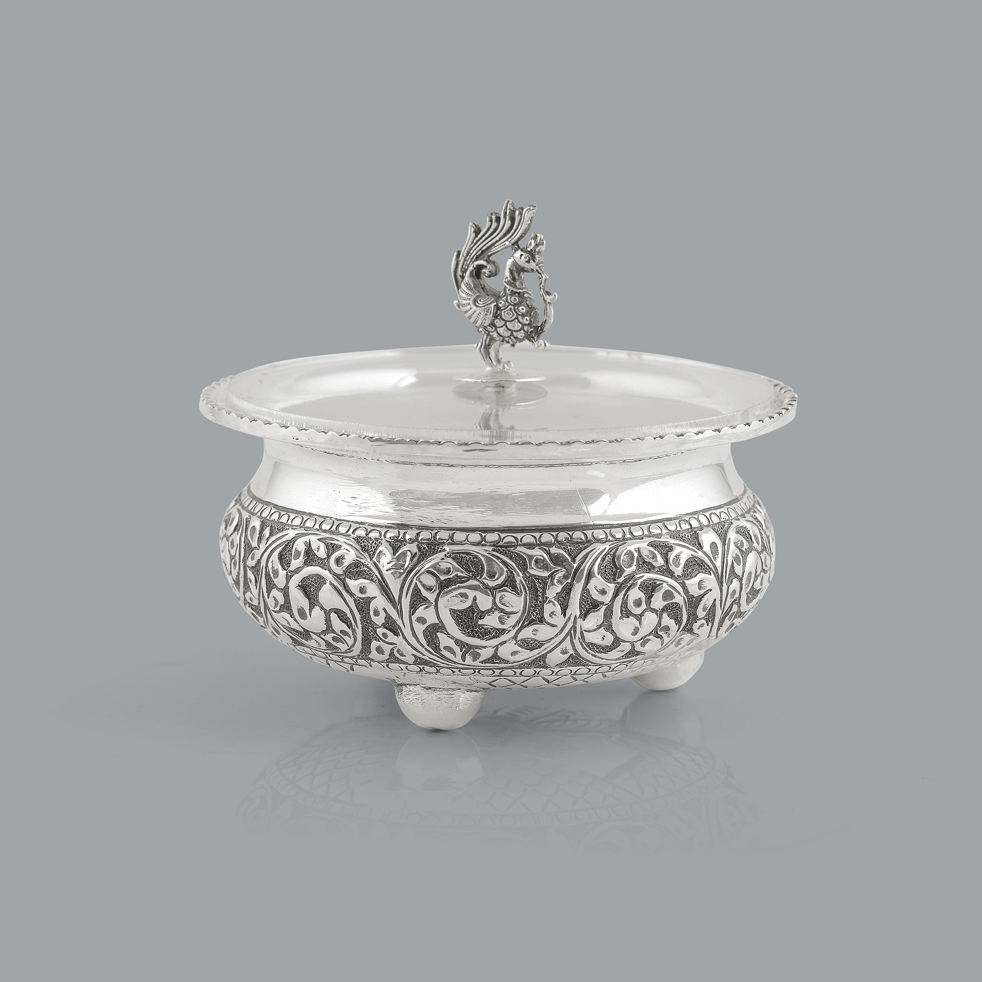 Antique Silver Bowl Silver Peacock Lid - Krishna Jewellers Pearls and Gems