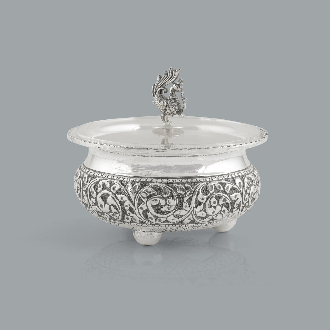 Antique Silver Bowl Silver Peacock Lid - Krishna Jewellers Pearls and Gems