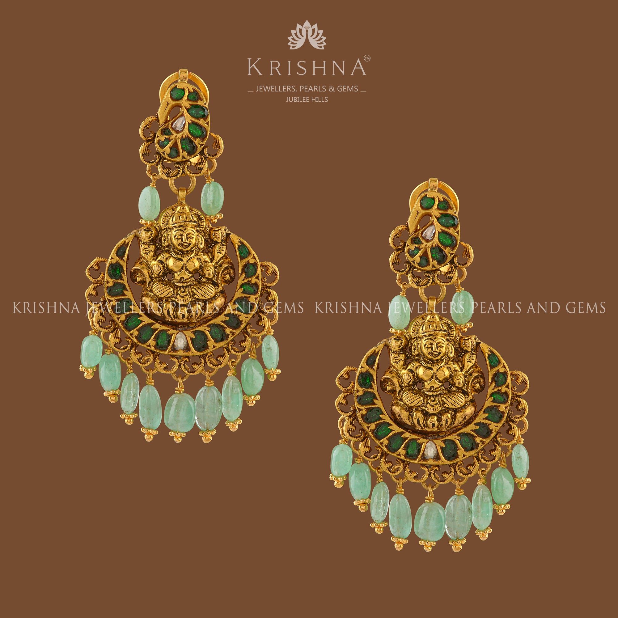 Laxmi Chandbali Gold Emerald Earrings - Krishna Jewellers Pearls and Gems