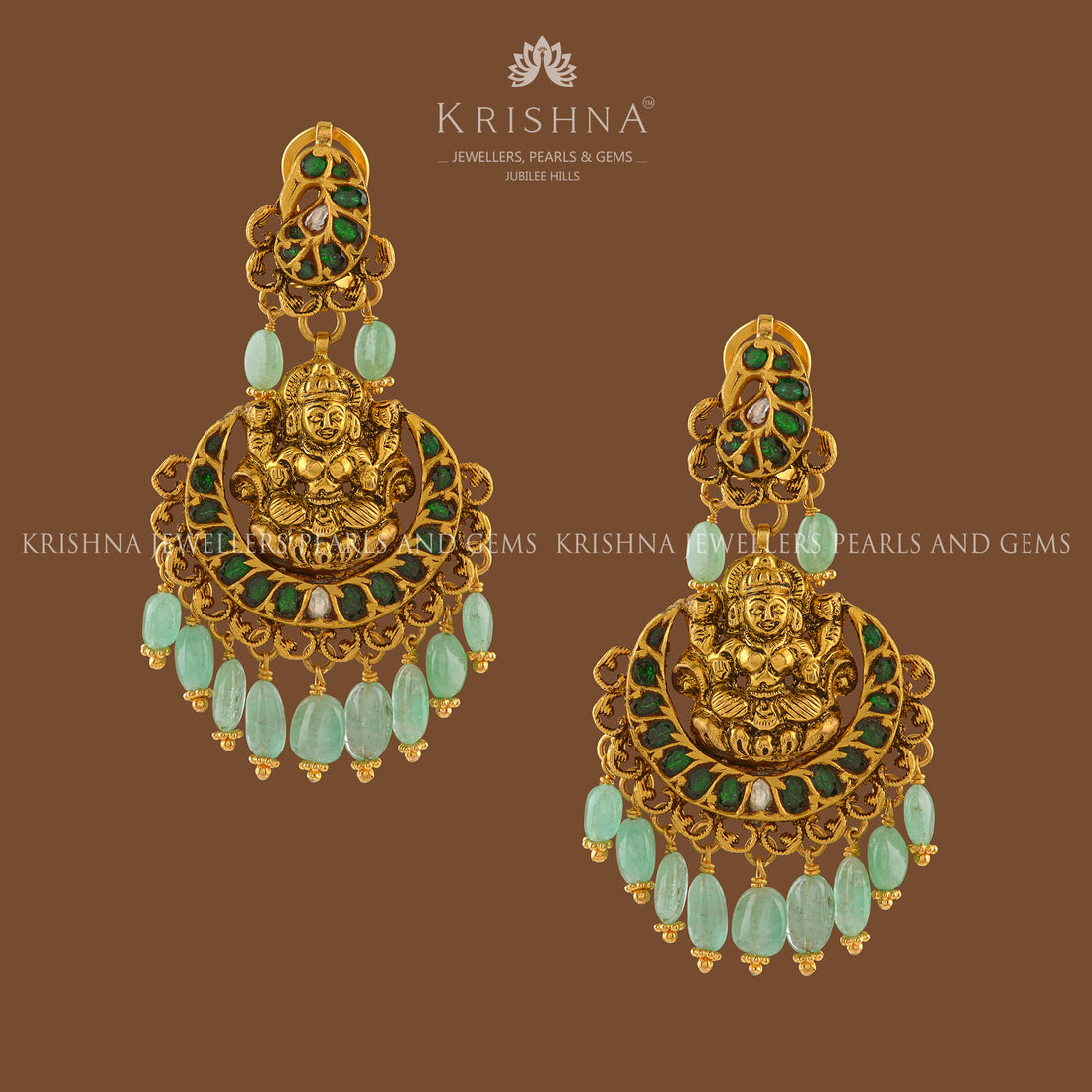 Laxmi Chandbali Gold Emerald Earrings - Krishna Jewellers Pearls and Gems