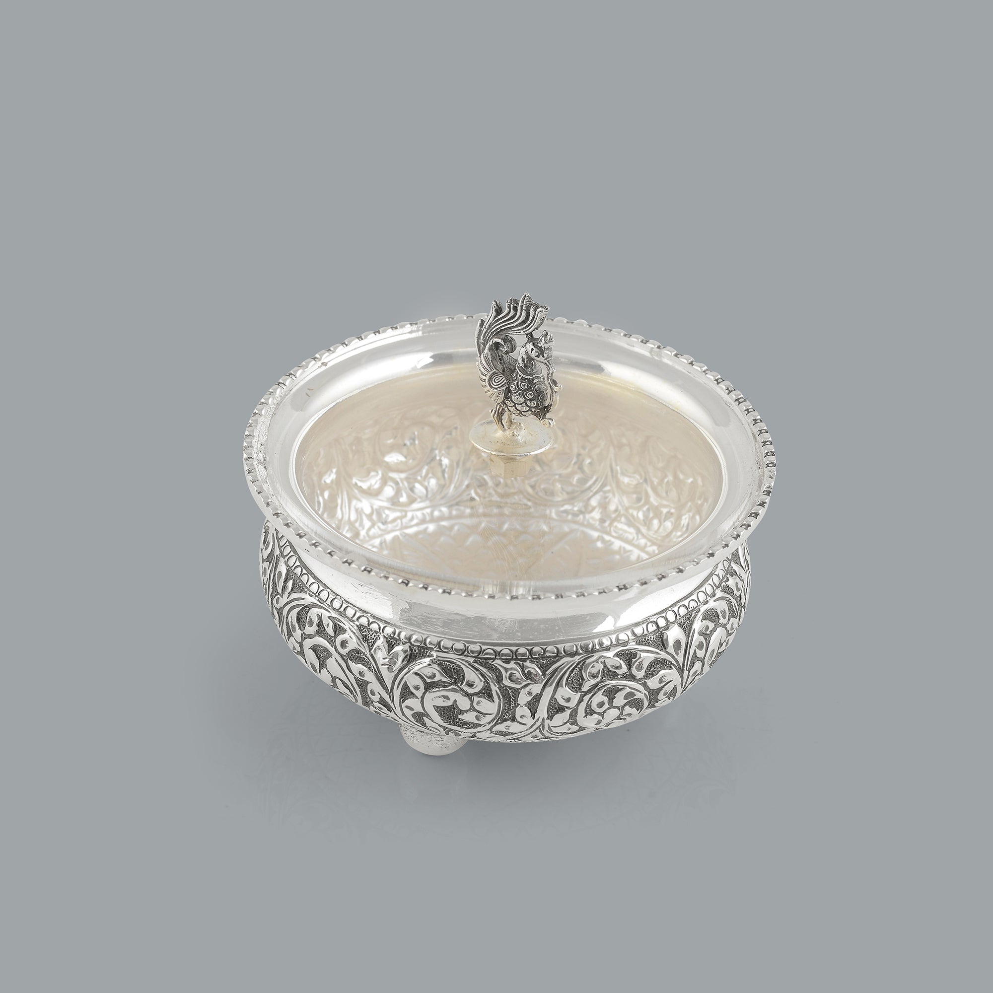 Antique Silver Bowl Silver Peacock Lid - Krishna Jewellers Pearls and Gems