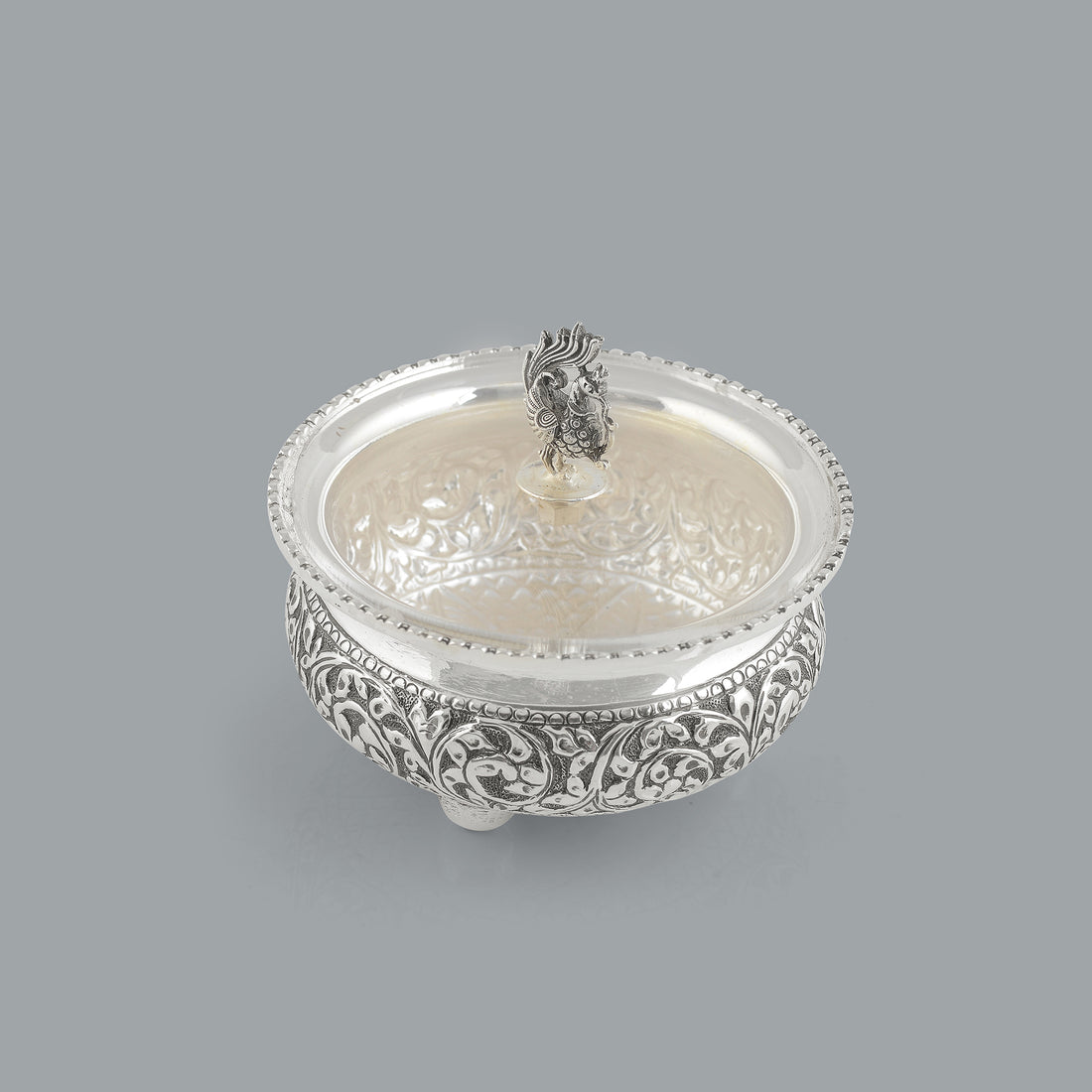 Antique Silver Bowl Silver Peacock Lid - Krishna Jewellers Pearls and Gems