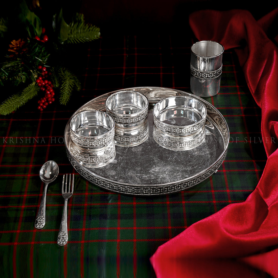 Silver Dinner Thali Set with Floral Detailing