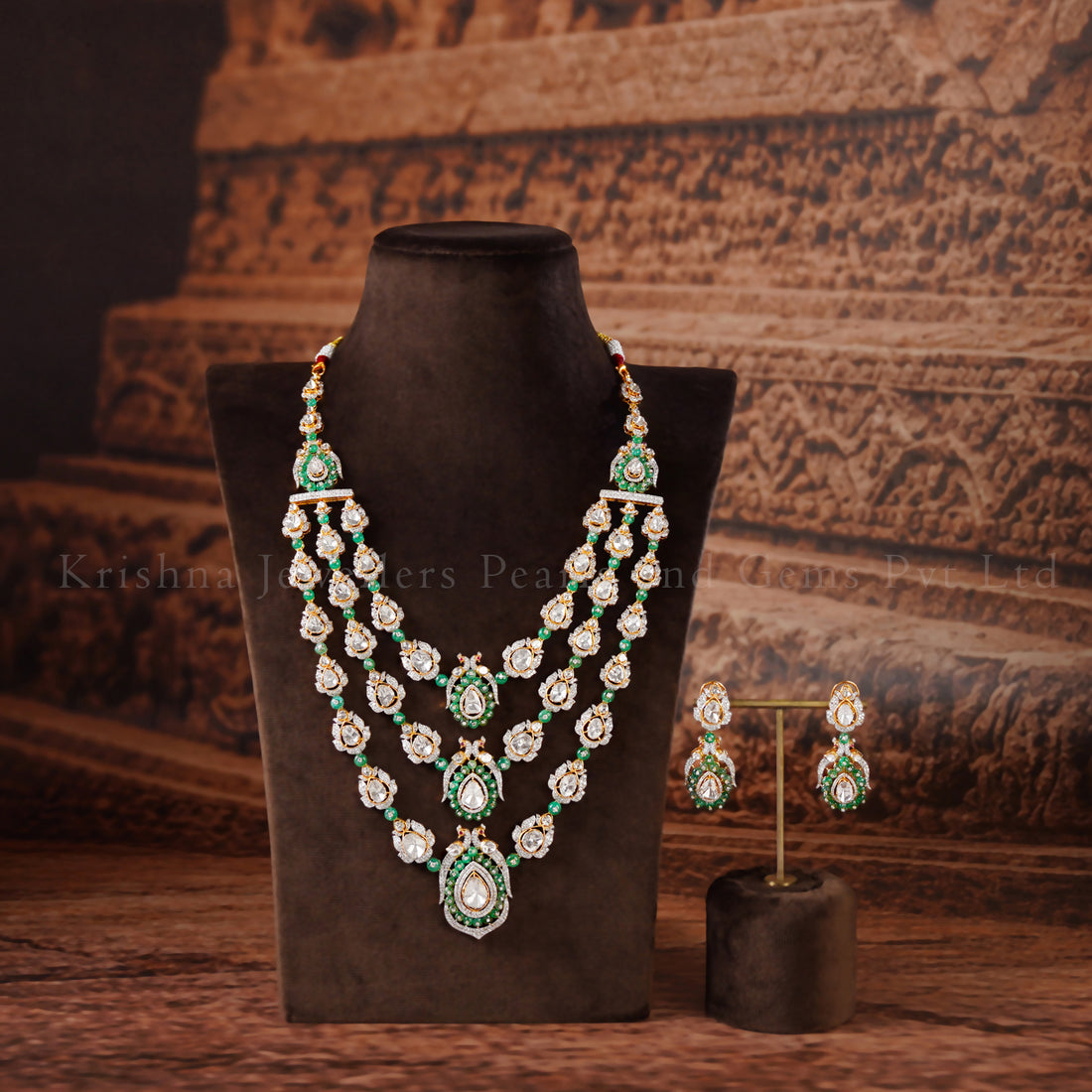 18K Polki Layered Haram Set with Diamonds and Emerald Beads
