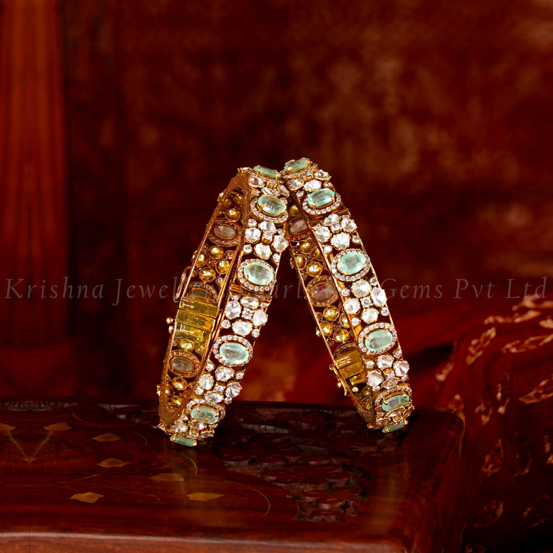 Classic Luxury Diamond and Emerald 18K Gold Bangles