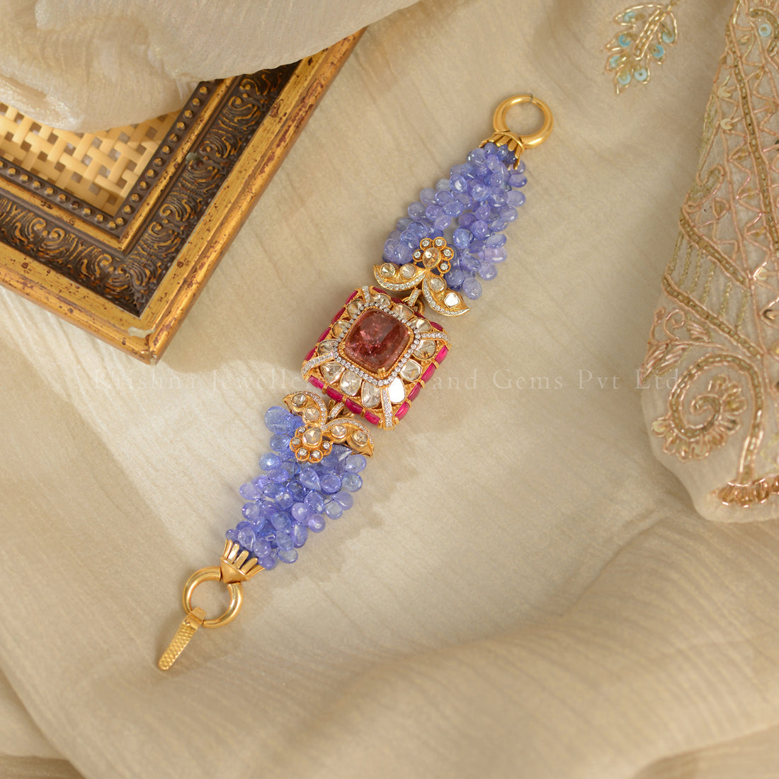 18K Gold Polki Bracelet with Tourmaline Beads | Elegant Statement Wristwear