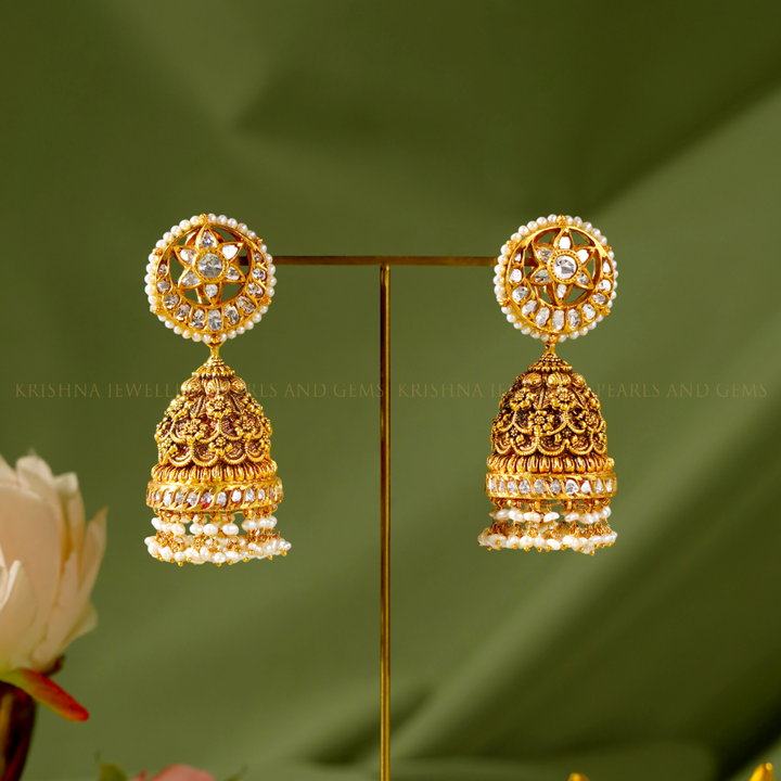 22K Gold Jhumka Earrings with Pearls | Traditional Elegance