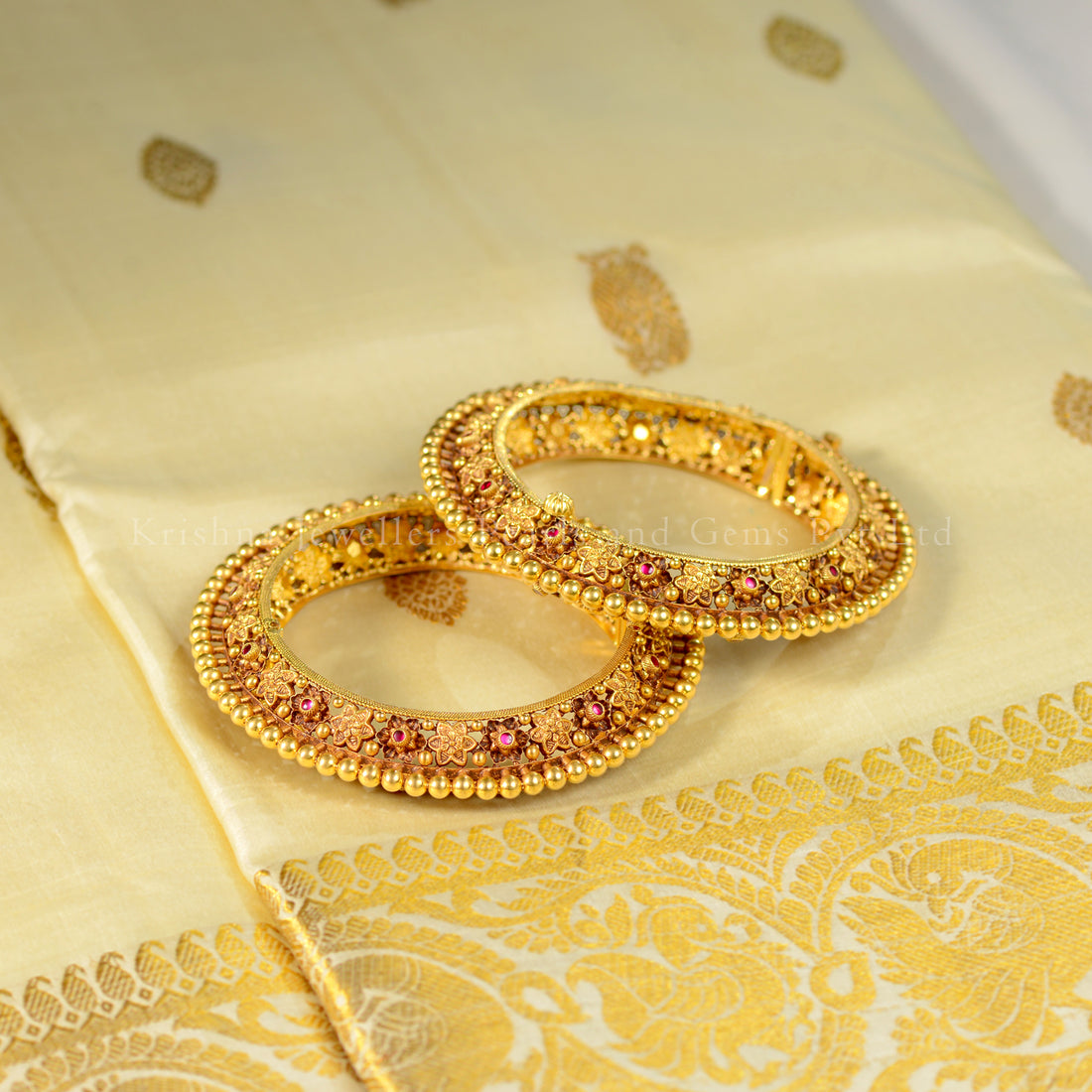 22K Gold Floral Design Bangles with Gold Balls