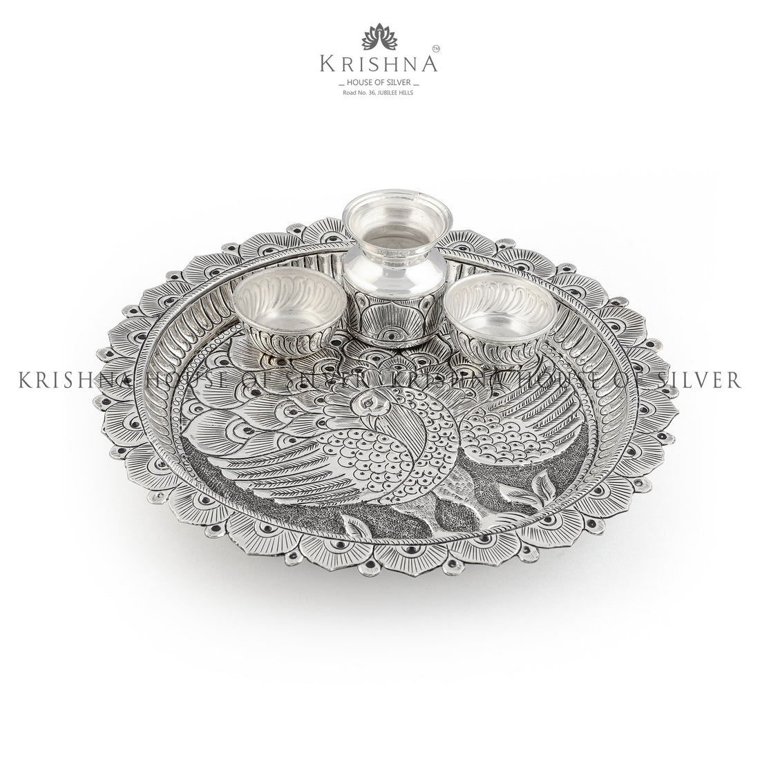 Silver Pooja Set in Peacock Design - Krishna Jewellers Pearls and Gems