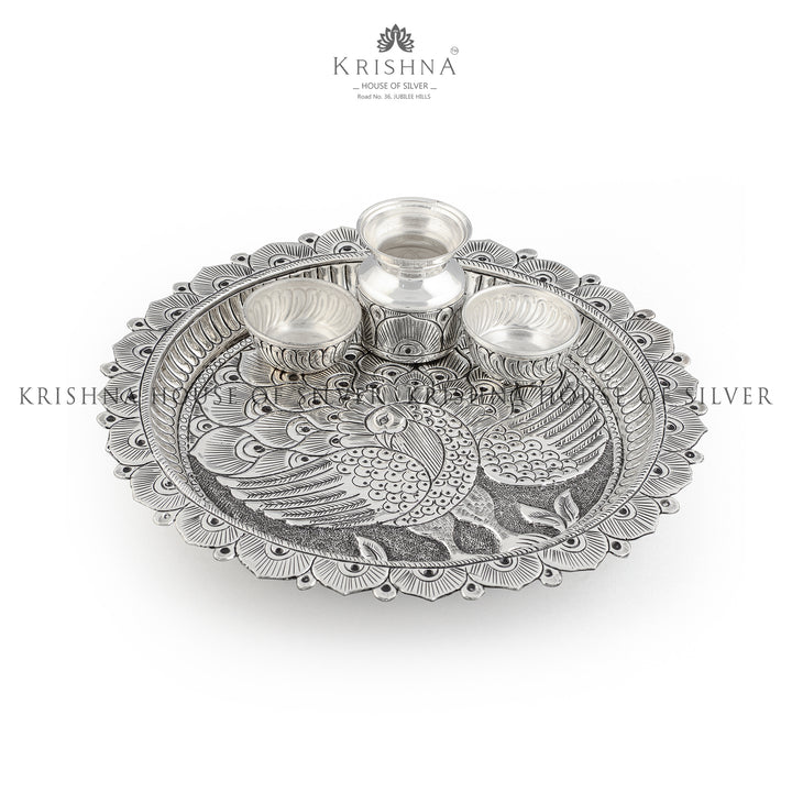 Silver Pooja Set in Peacock Design - Krishna Jewellers Pearls and Gems