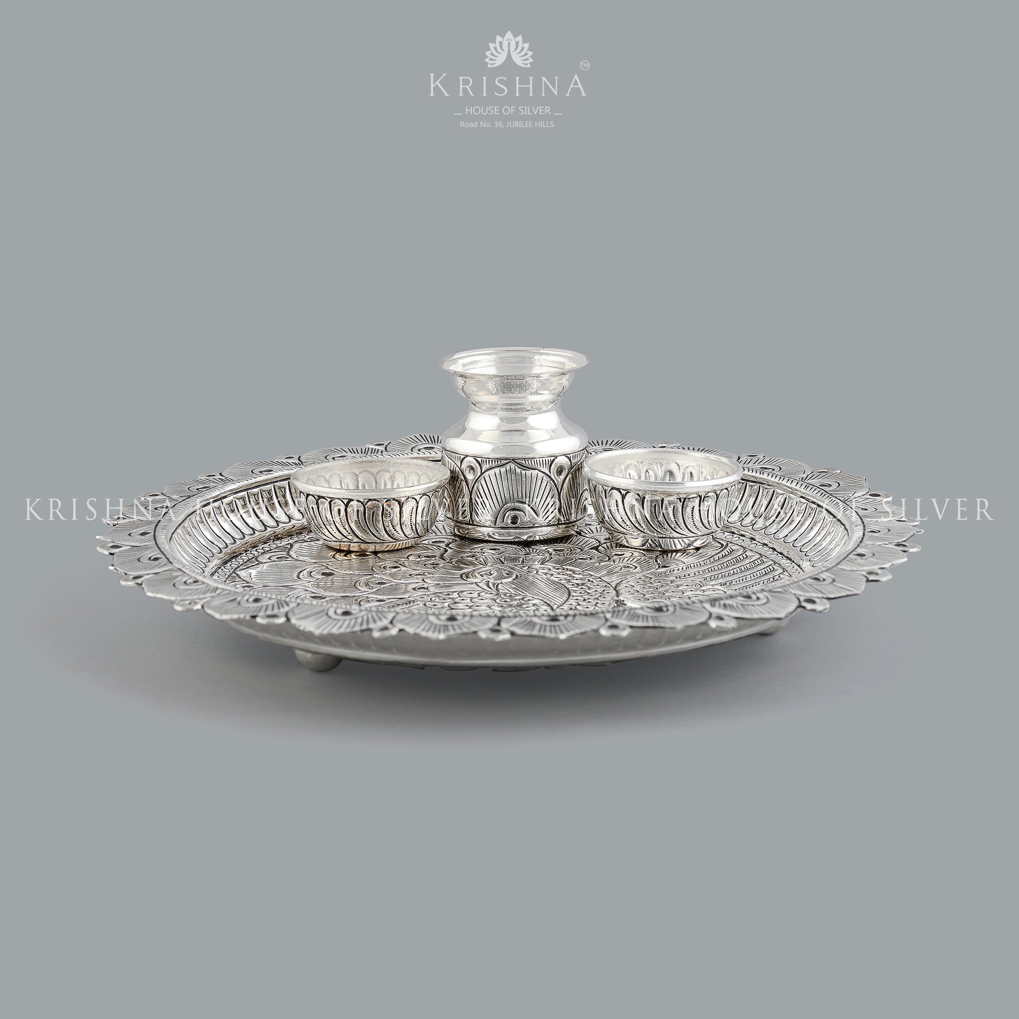 Silver Pooja Set in Peacock Design - Krishna Jewellers Pearls and Gems