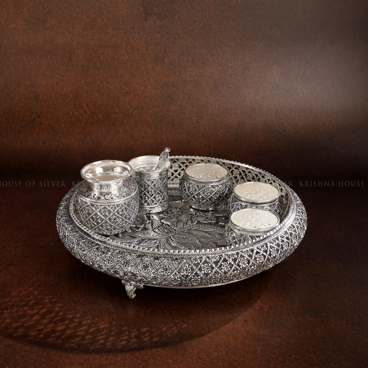 Silver Pooja Thali Set with Antique Finish
