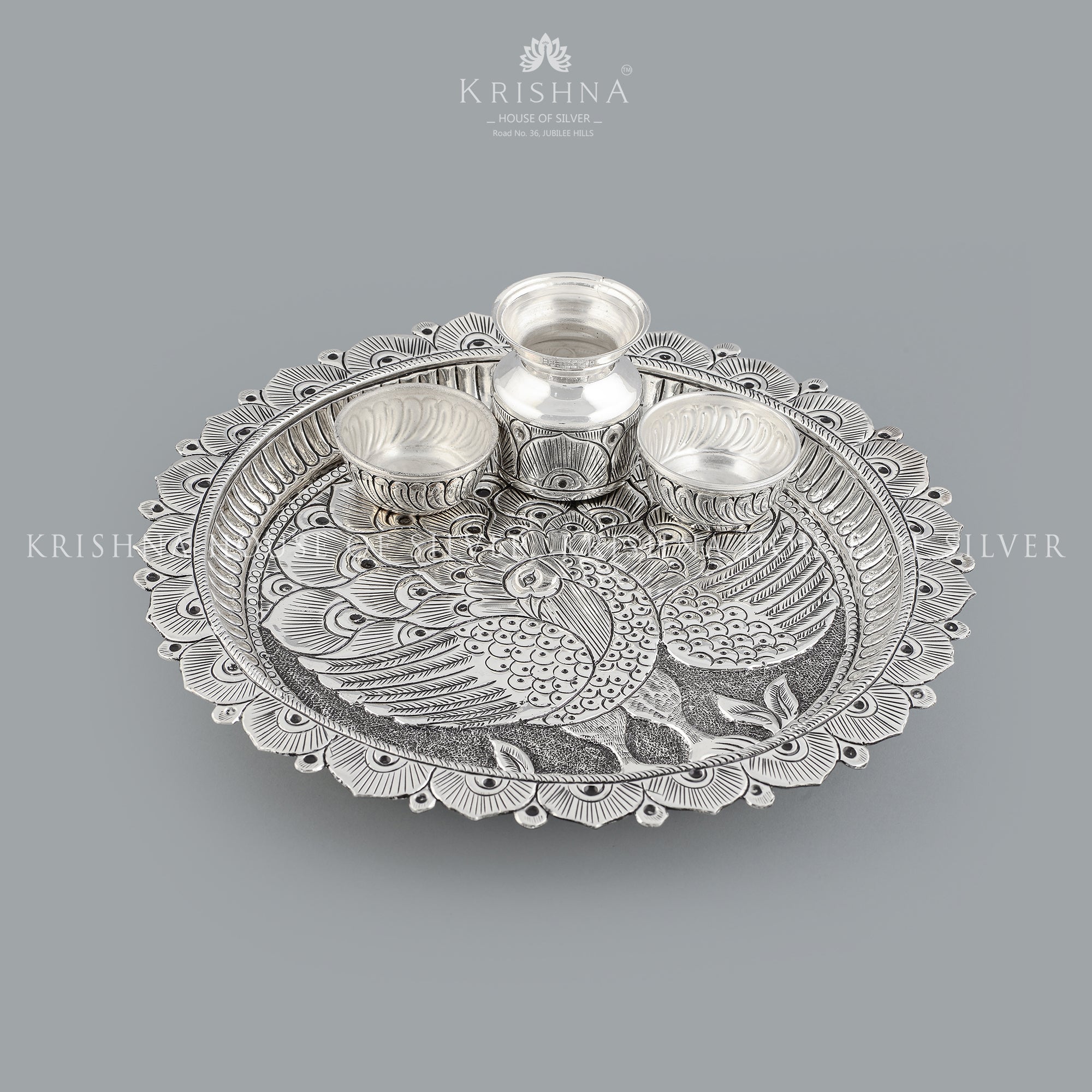 Silver Pooja Set in Peacock Design - Krishna Jewellers Pearls and Gems