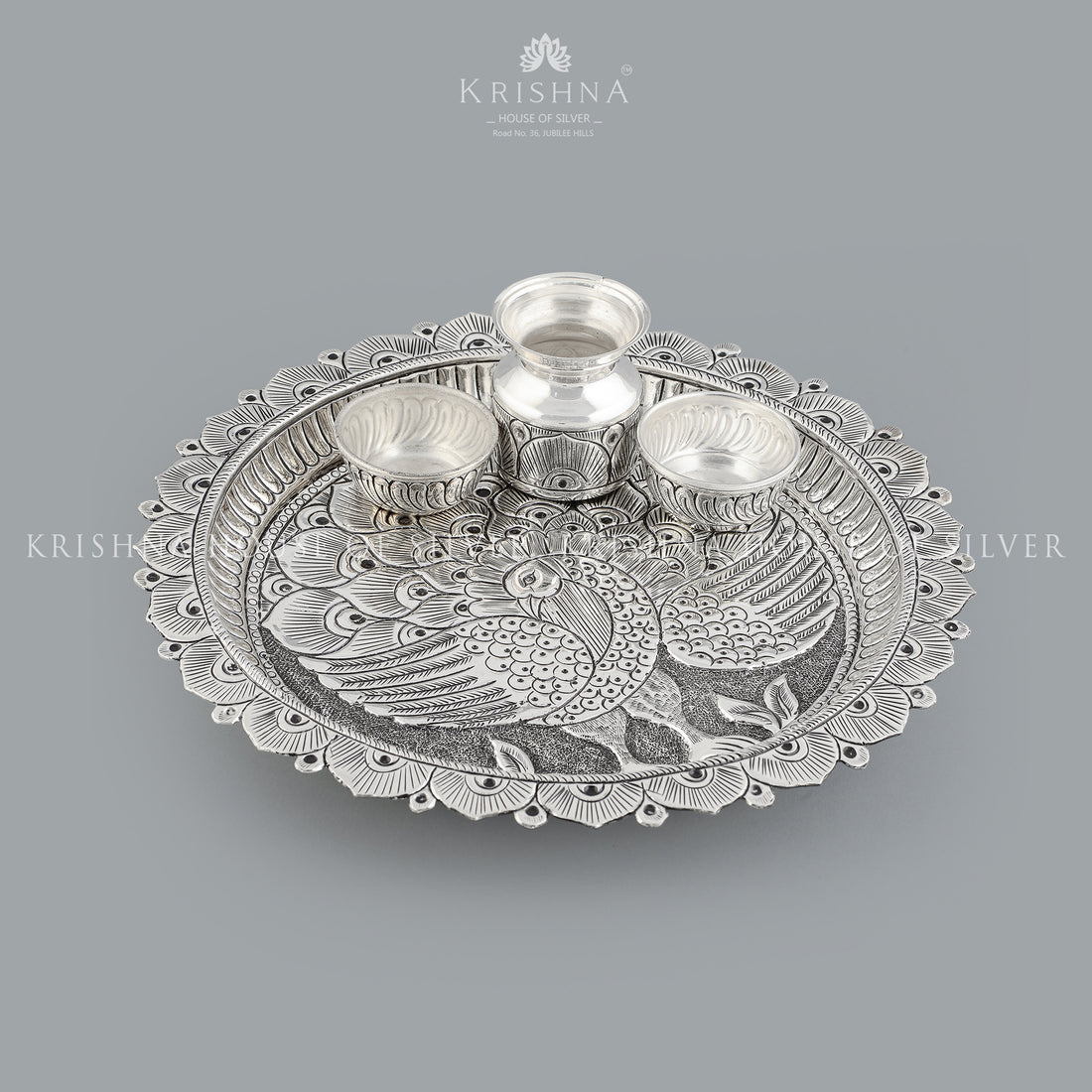 Silver Pooja Set in Peacock Design - Krishna Jewellers Pearls and Gems