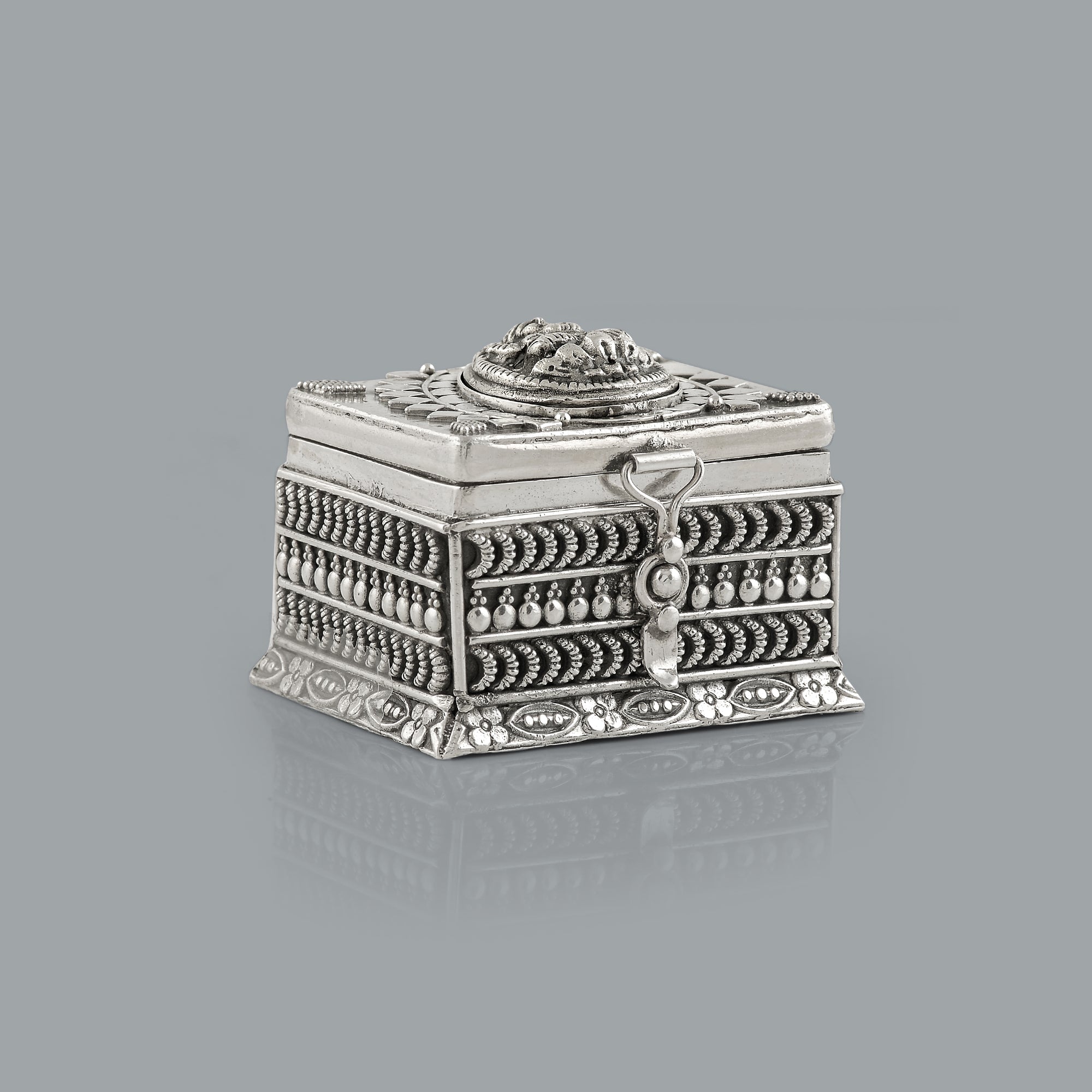 Exquisite 92.5 Silver Kum Kum Box Featuring Laxmi Devi Design - Krishna Jewellers Pearls and Gems