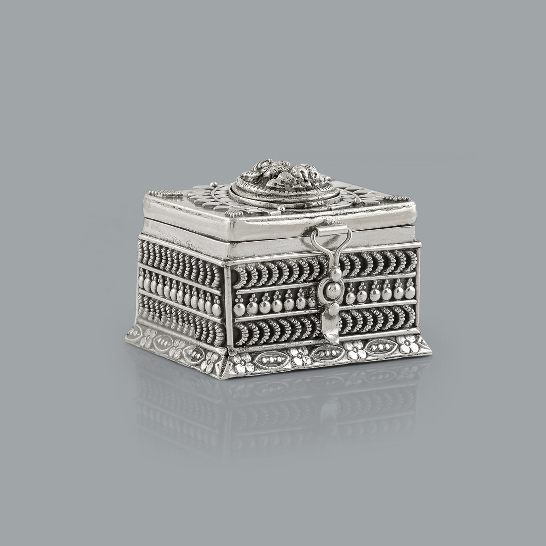 Exquisite 92.5 Silver Kum Kum Box Featuring Laxmi Devi Design - Krishna Jewellers Pearls and Gems