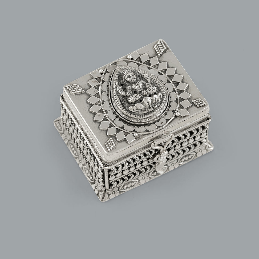 Exquisite 92.5 Silver Kum Kum Box Featuring Laxmi Devi Design - Krishna Jewellers Pearls and Gems