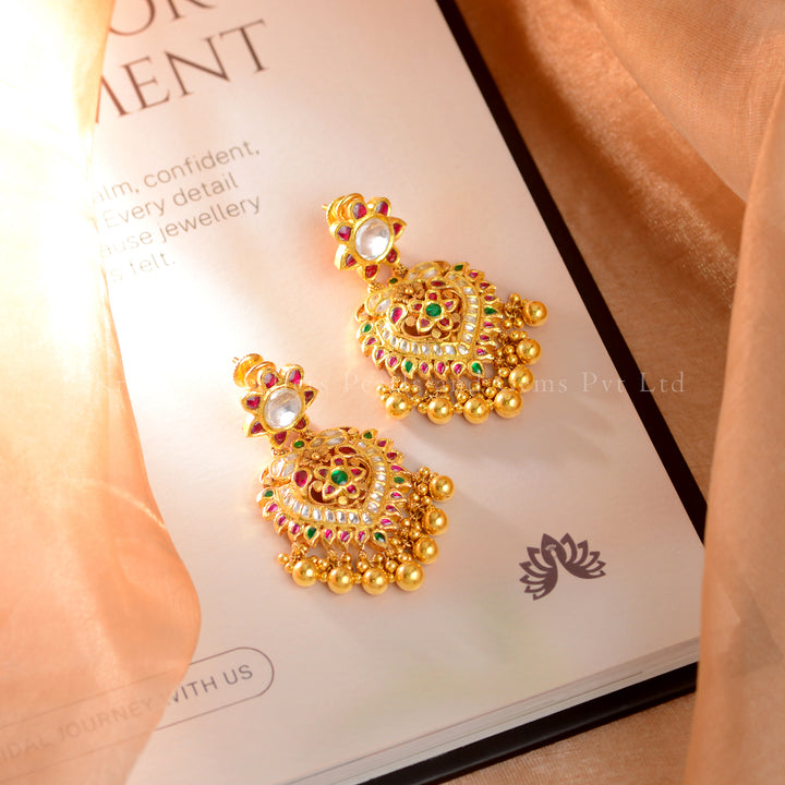 22K Gold Kundan Chandbali Earrings with Ruby, Emerald & Gold Ball Danglers