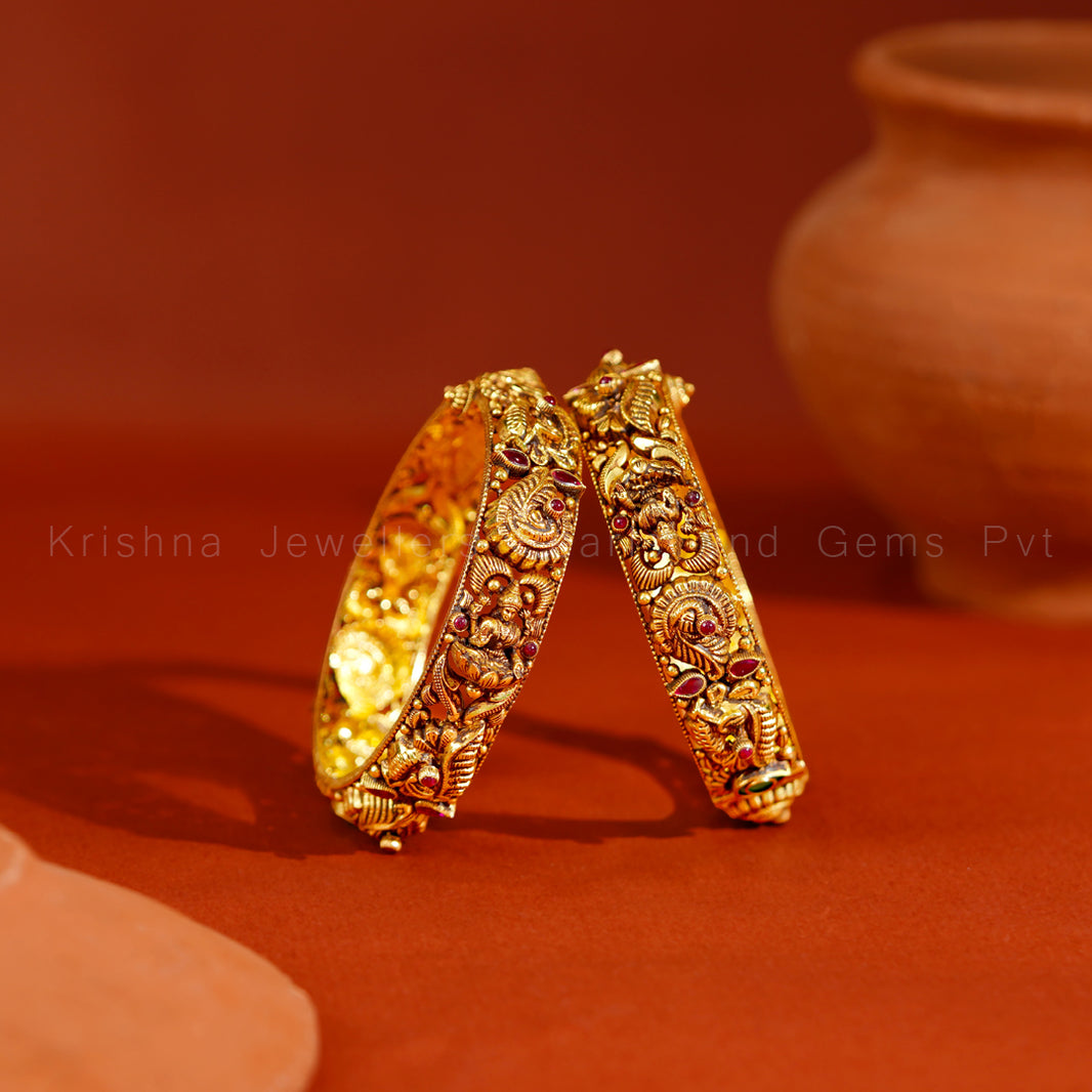 Antique Gold Lakshmi Nakshi Kada Bangles with Ruby Accents (Pair)
