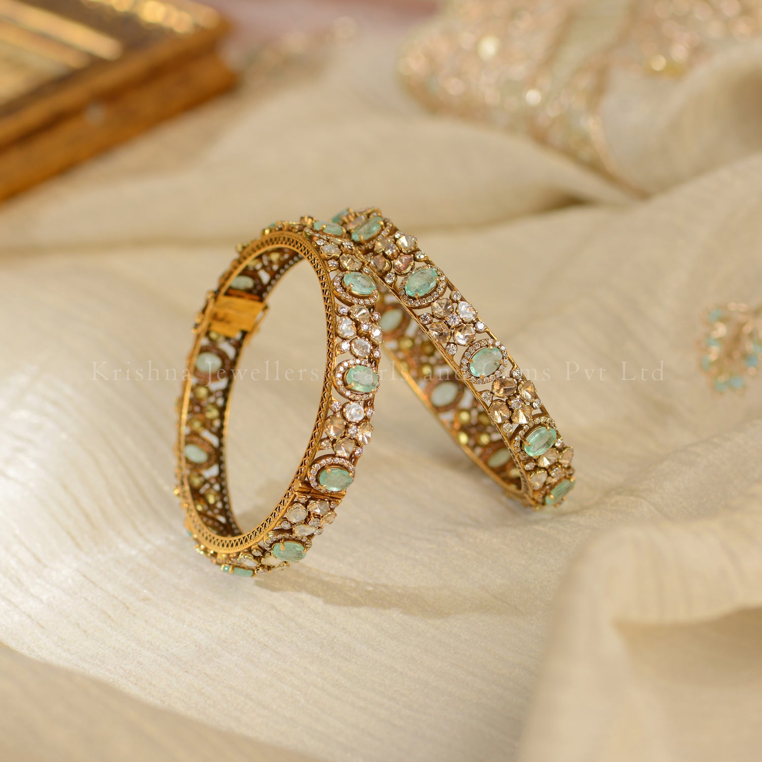 Classic Luxury Diamond and Emerald 18K Gold Bangles