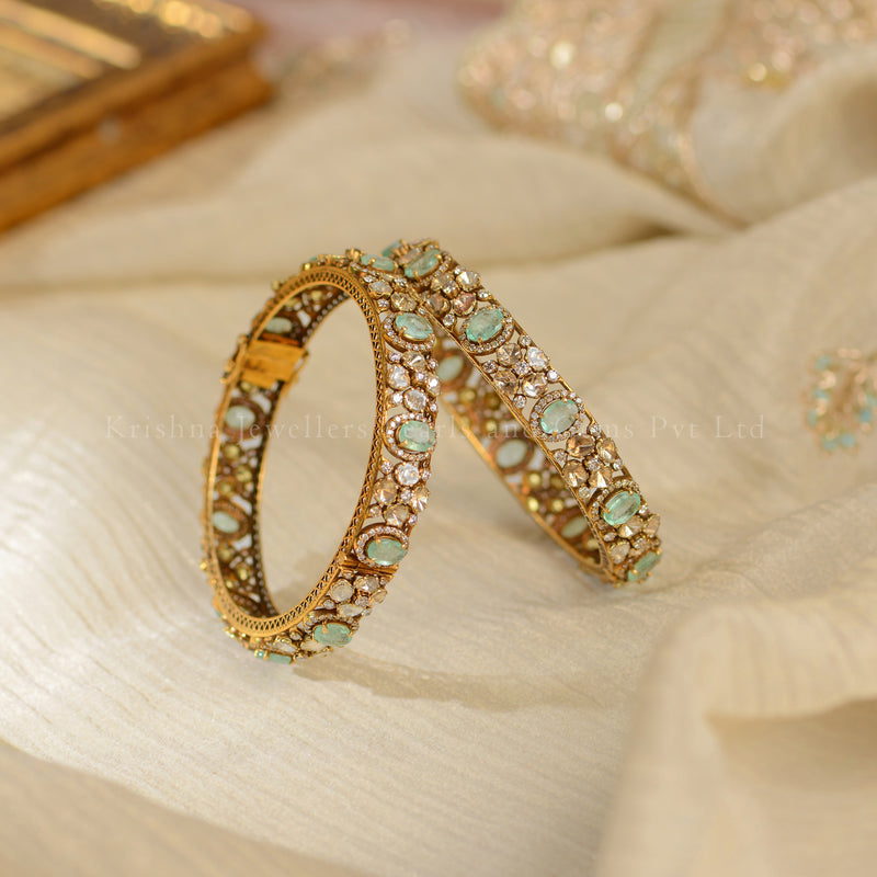 Classic Luxury Diamond and Emerald 18K Gold Bangles