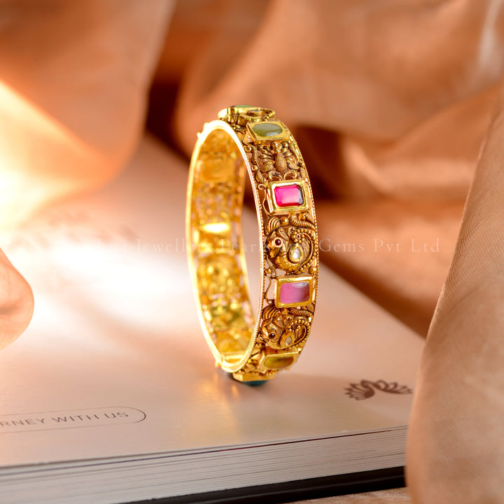 22K Gold Handcrafted Antique Finish Gemstone Bangle