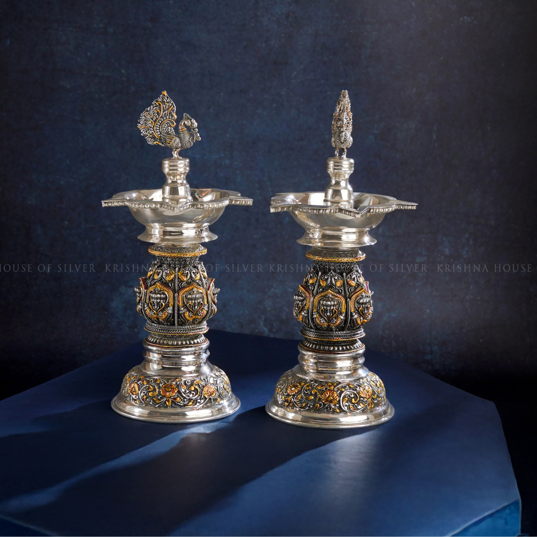 Antique Two-Tone Silver Nakshi Diya with Lotus & Peacock Design