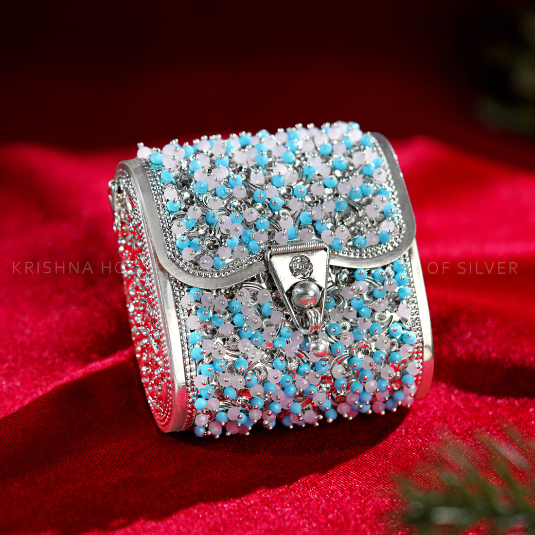 92.5 Silver Floral Purse with Blue & Pink Bead Accents