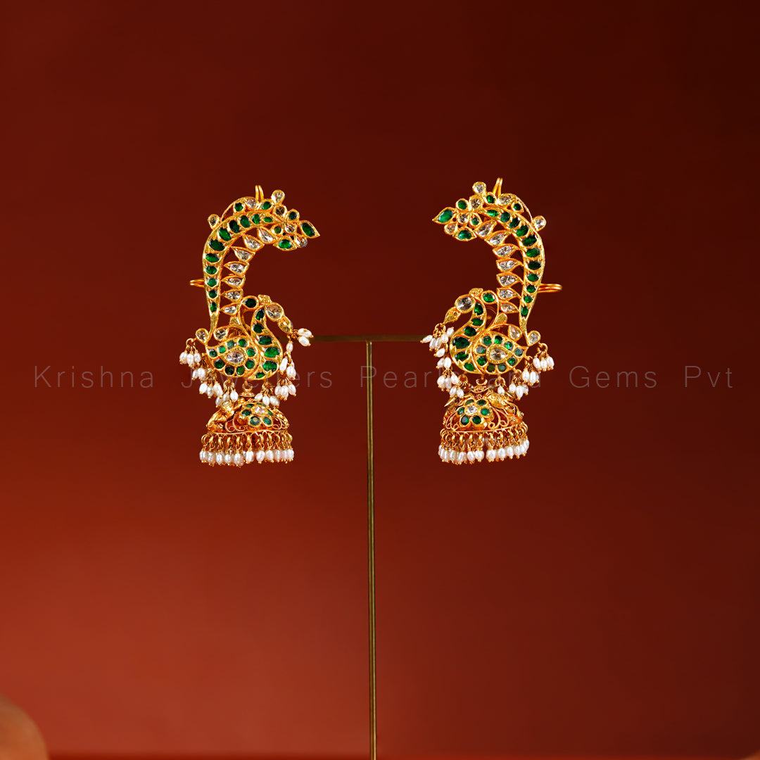 Antique Gold Emerald Peacock Ear Cuff Jhumkas with Pearl Drops