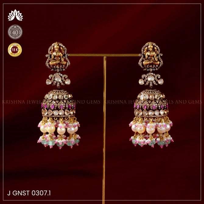 Gorgeous Victorian Polki Lakshmi Devi Jhumka Earrings Divine Elegance