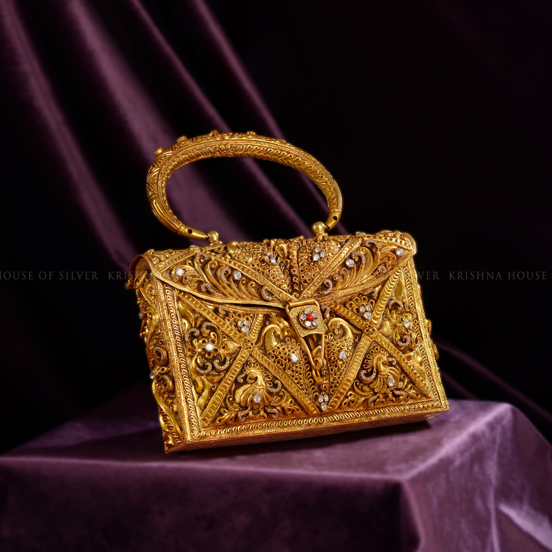 92.5 Silver Peacock Clutch with Gold Polish and Stone Work