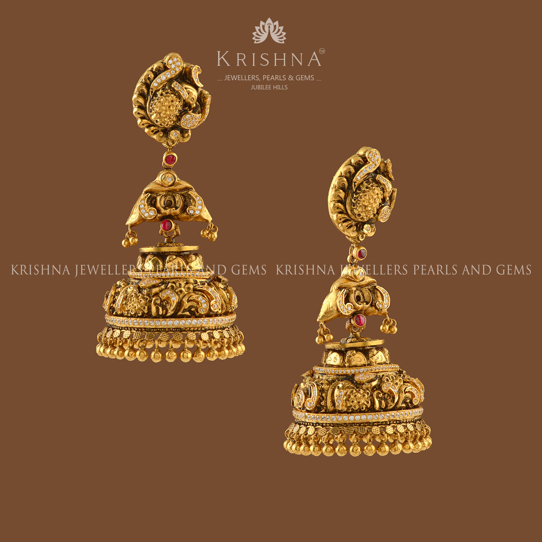 Antique Gold Peacock Jhumka Earrings - Krishna Jewellers Pearls and Gems