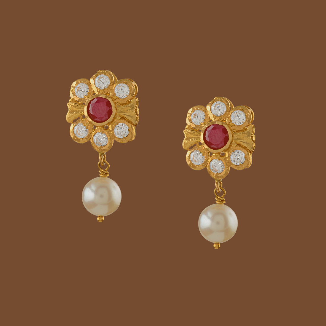 Floral Diamond Earrings With Pearl Drops - Krishna Jewellers Pearls and Gems